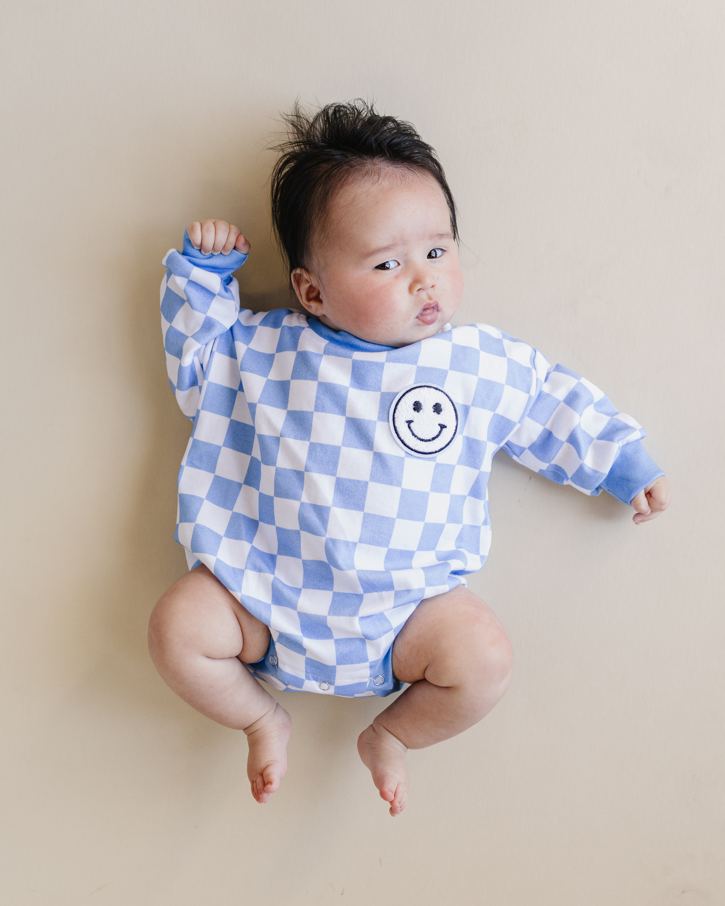 Baby Bubble Romper | Checkered Smiley Blue