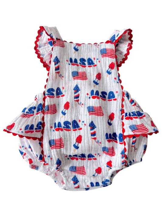 Muslin Ric-Rac Ruffle Sunsuit, 4th of July