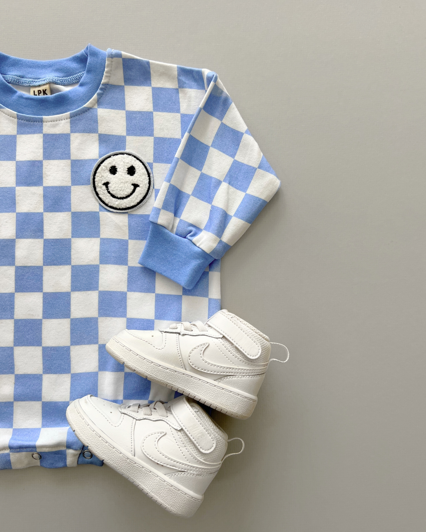 Baby Bubble Romper | Checkered Smiley Blue