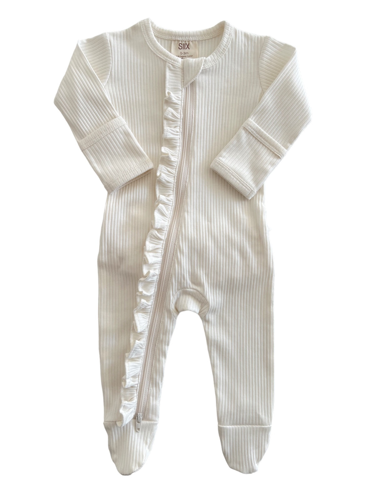 Ivory Organic Ribbed Frill Zip Footie