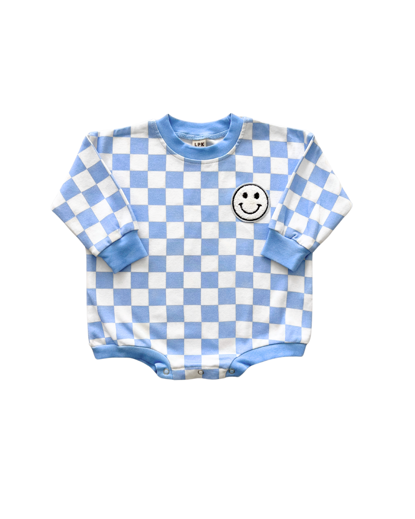 Baby Bubble Romper | Checkered Smiley Blue