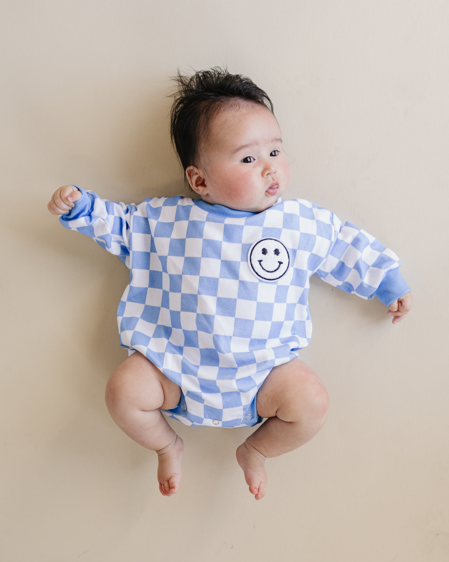 Baby Bubble Romper | Checkered Smiley Blue