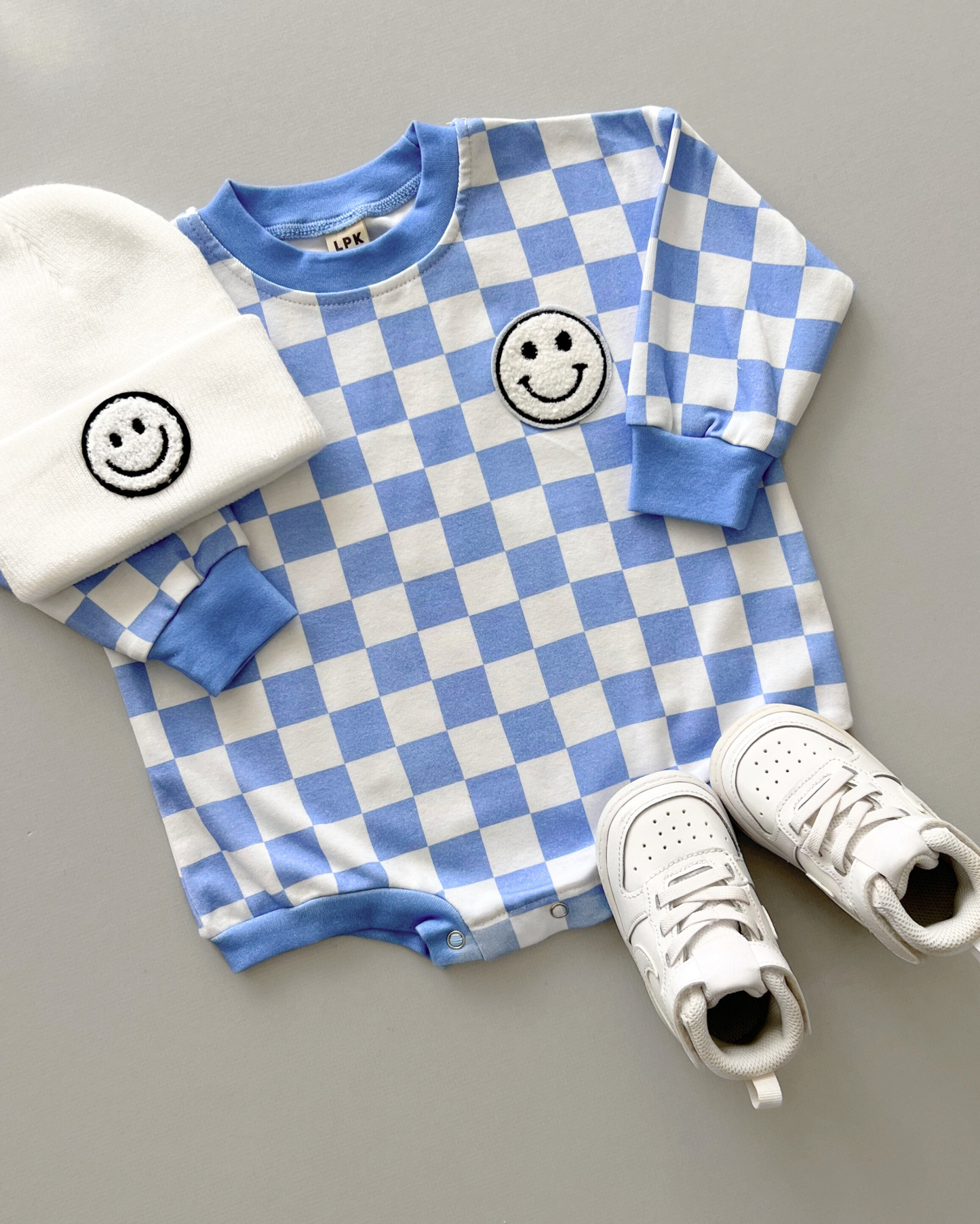Baby Bubble Romper | Checkered Smiley Blue