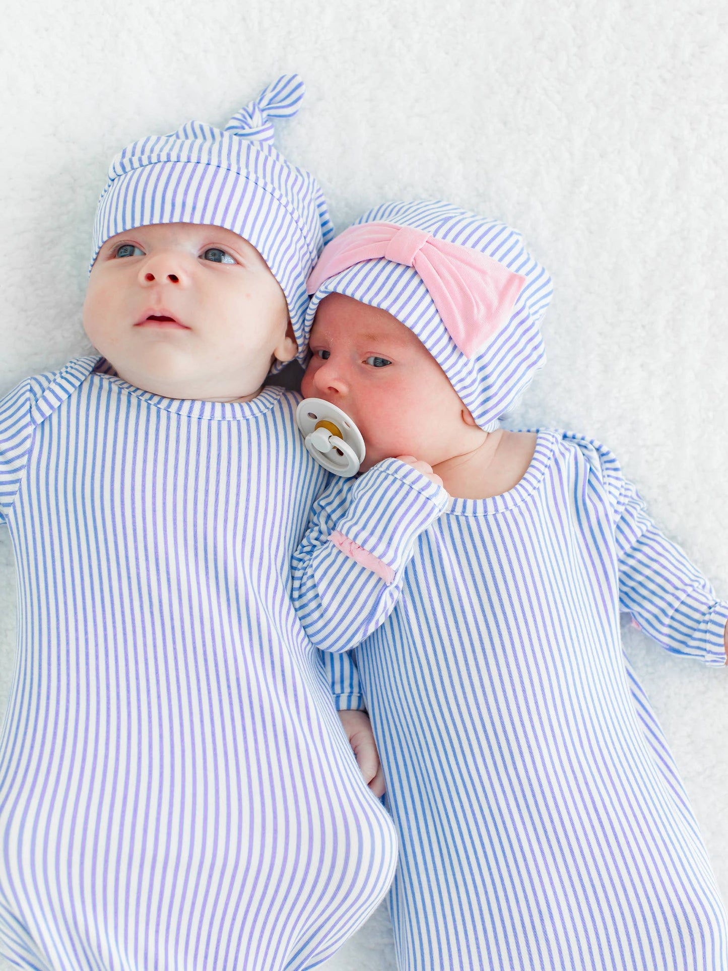 Baby Girls Periwinkle & White Micro Stripe Bamboo Viscose Ruffle Knotted Sleep Gown & Hat Set