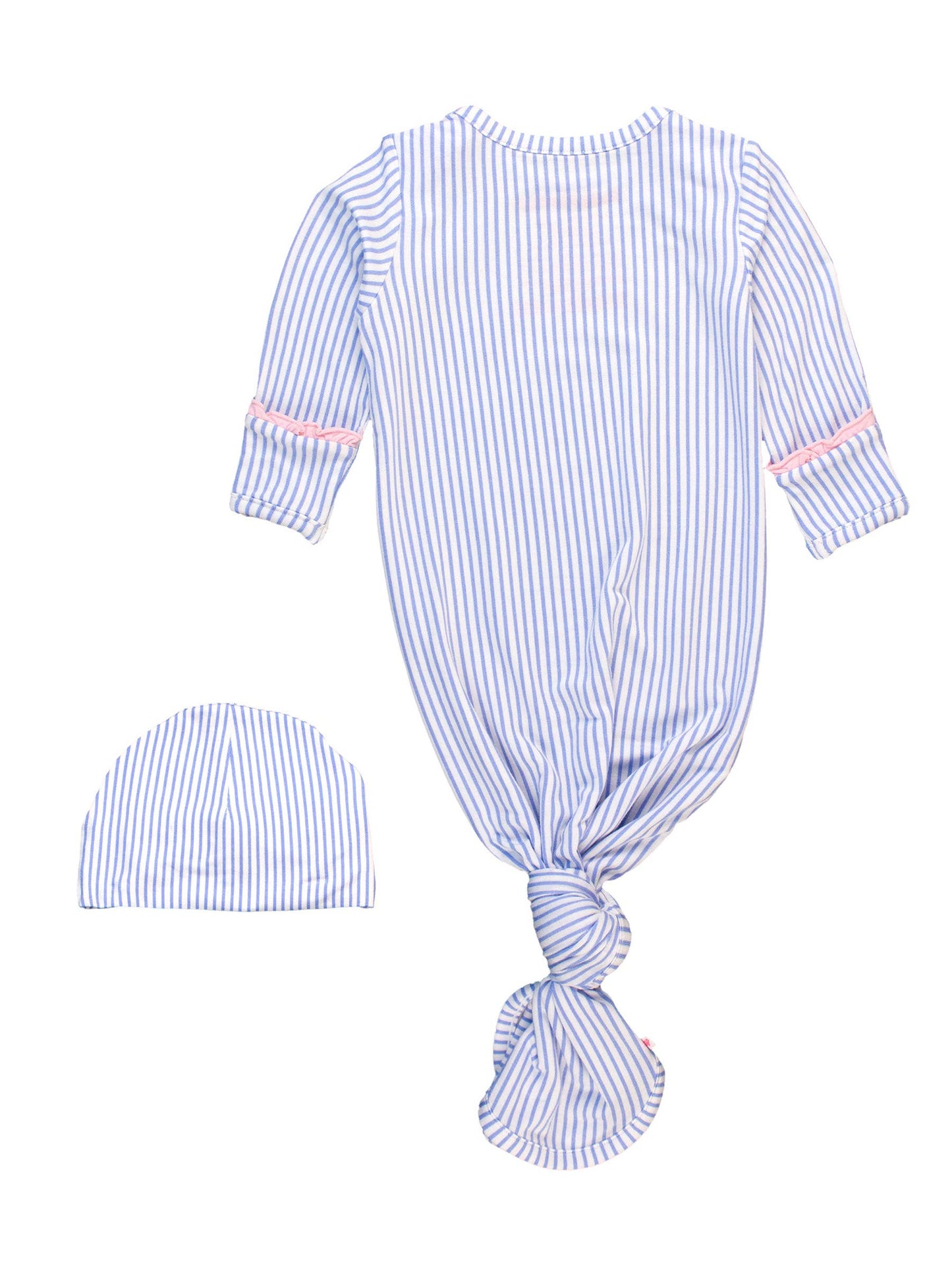 Baby Girls Periwinkle & White Micro Stripe Bamboo Viscose Ruffle Knotted Sleep Gown & Hat Set