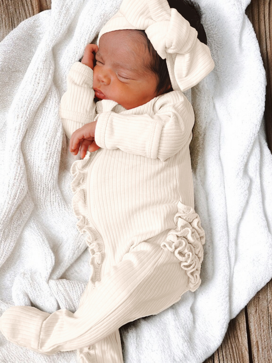 Ivory Organic Ribbed Frill Zip Footie