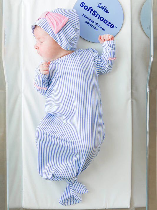 Baby Girls Periwinkle & White Micro Stripe Bamboo Viscose Ruffle Knotted Sleep Gown & Hat Set