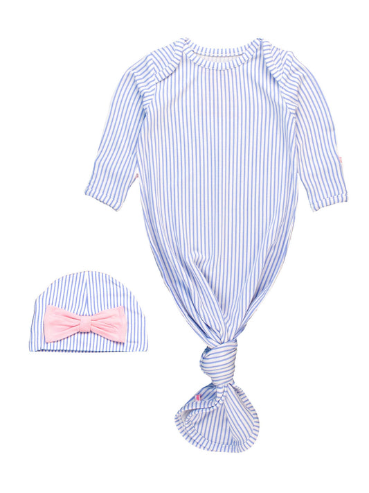 Baby Girls Periwinkle & White Micro Stripe Bamboo Viscose Ruffle Knotted Sleep Gown & Hat Set